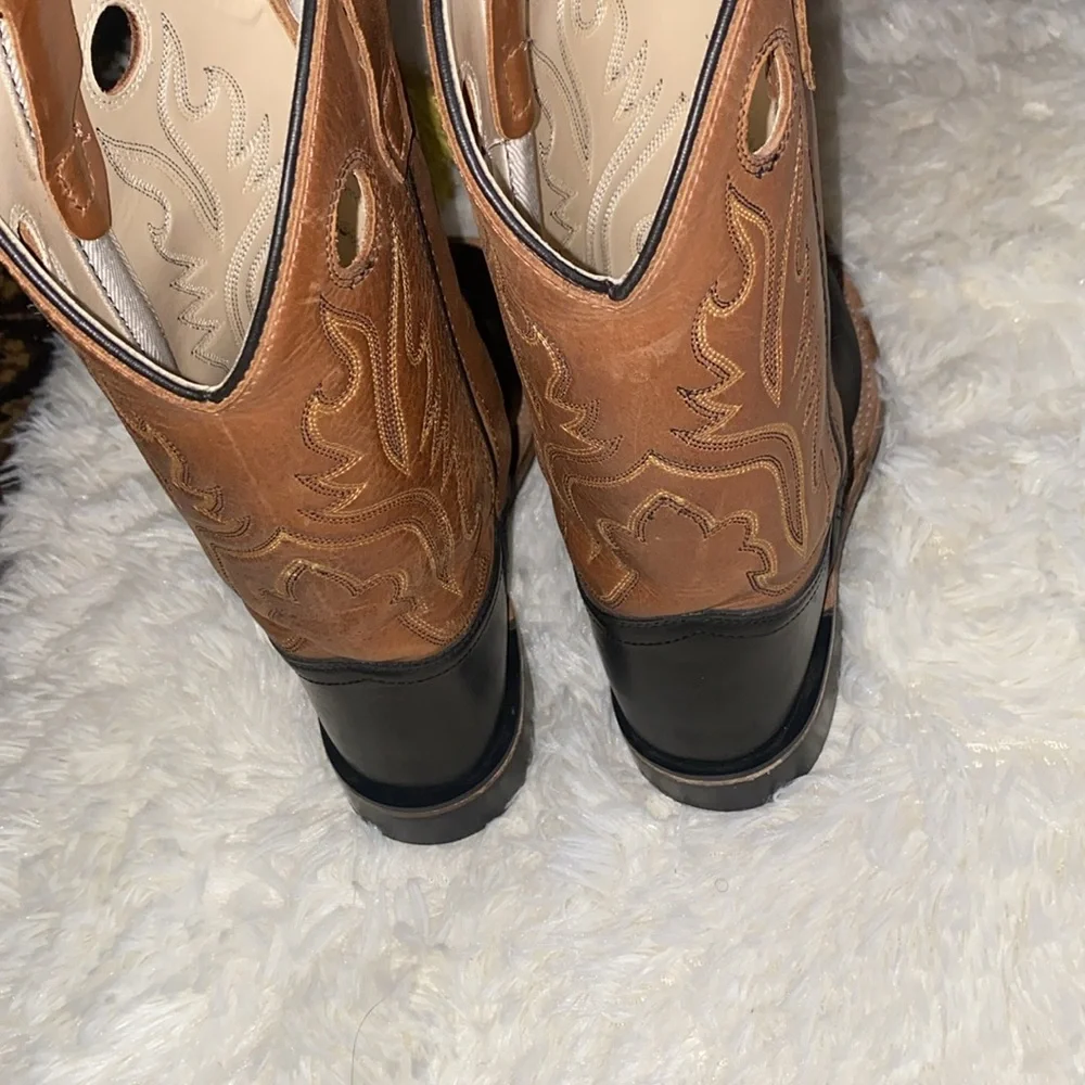 Old West  Boots Black  brown Leather Square Toe Youth Size 4.5 D Style  BSY1810